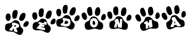 The image shows a series of animal paw prints arranged in a horizontal line. Each paw print contains a letter, and together they spell out the word Redonha.