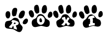 The image shows a series of animal paw prints arranged in a horizontal line. Each paw print contains a letter, and together they spell out the word Roxi.