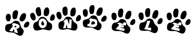 The image shows a series of animal paw prints arranged horizontally. Within each paw print, there's a letter; together they spell Rondele