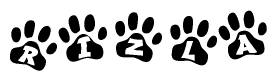 The image shows a series of animal paw prints arranged in a horizontal line. Each paw print contains a letter, and together they spell out the word Rizla.
