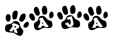 The image shows a series of animal paw prints arranged in a horizontal line. Each paw print contains a letter, and together they spell out the word Raja.