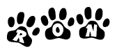 The image shows a series of animal paw prints arranged in a horizontal line. Each paw print contains a letter, and together they spell out the word Ron.