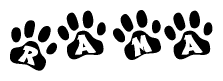 The image shows a series of animal paw prints arranged in a horizontal line. Each paw print contains a letter, and together they spell out the word Rama.