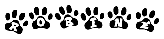 The image shows a series of animal paw prints arranged horizontally. Within each paw print, there's a letter; together they spell Robine