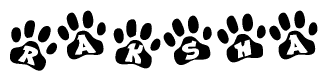 The image shows a series of animal paw prints arranged horizontally. Within each paw print, there's a letter; together they spell Raksha