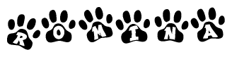 The image shows a series of animal paw prints arranged in a horizontal line. Each paw print contains a letter, and together they spell out the word Romina.