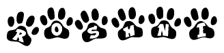 The image shows a row of animal paw prints, each containing a letter. The letters spell out the word Roshni within the paw prints.
