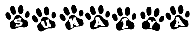 The image shows a row of animal paw prints, each containing a letter. The letters spell out the word Sumaiya within the paw prints.