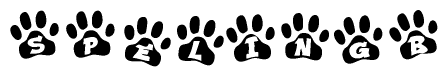 The image shows a series of animal paw prints arranged horizontally. Within each paw print, there's a letter; together they spell Spelingb