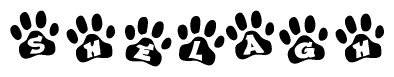 The image shows a series of animal paw prints arranged horizontally. Within each paw print, there's a letter; together they spell Shelagh