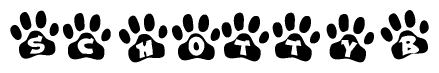 The image shows a row of animal paw prints, each containing a letter. The letters spell out the word Schottyb within the paw prints.