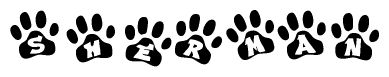 The image shows a series of animal paw prints arranged in a horizontal line. Each paw print contains a letter, and together they spell out the word Sherman.