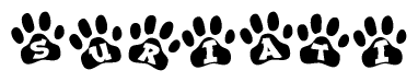 The image shows a series of animal paw prints arranged in a horizontal line. Each paw print contains a letter, and together they spell out the word Suriati.