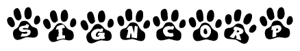The image shows a row of animal paw prints, each containing a letter. The letters spell out the word Signcorp within the paw prints.