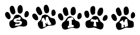 The image shows a series of animal paw prints arranged in a horizontal line. Each paw print contains a letter, and together they spell out the word Smith.