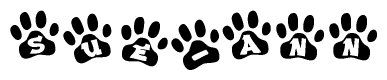 The image shows a series of animal paw prints arranged in a horizontal line. Each paw print contains a letter, and together they spell out the word Sue-ann.