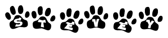 The image shows a series of animal paw prints arranged horizontally. Within each paw print, there's a letter; together they spell Stevey