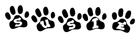 The image shows a row of animal paw prints, each containing a letter. The letters spell out the word Susie within the paw prints.
