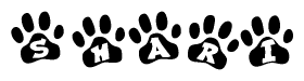 The image shows a row of animal paw prints, each containing a letter. The letters spell out the word Shari within the paw prints.
