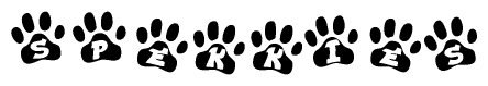 The image shows a series of animal paw prints arranged horizontally. Within each paw print, there's a letter; together they spell Spekkies