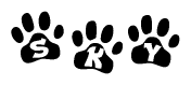 The image shows a series of animal paw prints arranged horizontally. Within each paw print, there's a letter; together they spell Sky