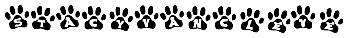 The image shows a row of animal paw prints, each containing a letter. The letters spell out the word Stacyvancleve within the paw prints.