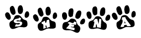 The image shows a series of animal paw prints arranged horizontally. Within each paw print, there's a letter; together they spell Shena