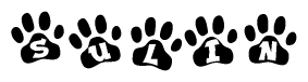 The image shows a series of animal paw prints arranged in a horizontal line. Each paw print contains a letter, and together they spell out the word Sulin.