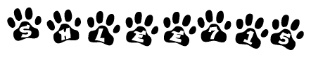 The image shows a series of animal paw prints arranged in a horizontal line. Each paw print contains a letter, and together they spell out the word Shlee715.