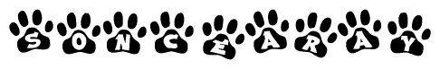 The image shows a series of animal paw prints arranged in a horizontal line. Each paw print contains a letter, and together they spell out the word Soncearay.