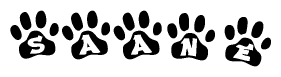 The image shows a row of animal paw prints, each containing a letter. The letters spell out the word Saane within the paw prints.