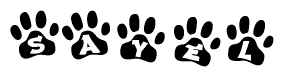 The image shows a series of animal paw prints arranged horizontally. Within each paw print, there's a letter; together they spell Sayel