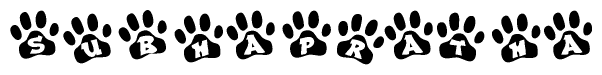 The image shows a series of animal paw prints arranged in a horizontal line. Each paw print contains a letter, and together they spell out the word Subhapratha.