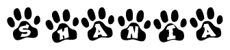 The image shows a row of animal paw prints, each containing a letter. The letters spell out the word Shania within the paw prints.