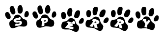 The image shows a series of animal paw prints arranged horizontally. Within each paw print, there's a letter; together they spell Sperry