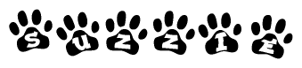 The image shows a series of animal paw prints arranged in a horizontal line. Each paw print contains a letter, and together they spell out the word Suzzie.