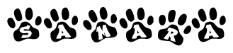 The image shows a row of animal paw prints, each containing a letter. The letters spell out the word Samara within the paw prints.