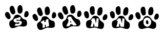 The image shows a series of animal paw prints arranged horizontally. Within each paw print, there's a letter; together they spell Shanno