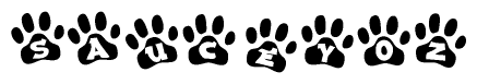 The image shows a series of animal paw prints arranged in a horizontal line. Each paw print contains a letter, and together they spell out the word Sauceyoz.