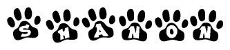 The image shows a row of animal paw prints, each containing a letter. The letters spell out the word Shanon within the paw prints.