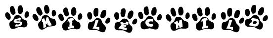 The image shows a series of animal paw prints arranged horizontally. Within each paw print, there's a letter; together they spell Smilechild