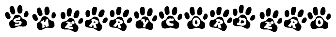 The image shows a row of animal paw prints, each containing a letter. The letters spell out the word Sherrycordero within the paw prints.