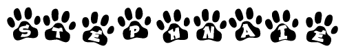 The image shows a series of animal paw prints arranged horizontally. Within each paw print, there's a letter; together they spell Stephnaie