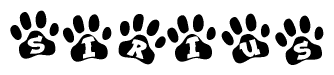 The image shows a series of animal paw prints arranged in a horizontal line. Each paw print contains a letter, and together they spell out the word Sirius.