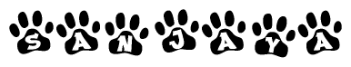 The image shows a row of animal paw prints, each containing a letter. The letters spell out the word Sanjaya within the paw prints.