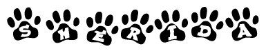 The image shows a series of animal paw prints arranged horizontally. Within each paw print, there's a letter; together they spell Sherida