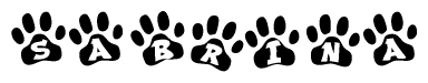 The image shows a series of animal paw prints arranged in a horizontal line. Each paw print contains a letter, and together they spell out the word Sabrina.