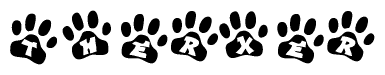 The image shows a series of animal paw prints arranged horizontally. Within each paw print, there's a letter; together they spell Therxer