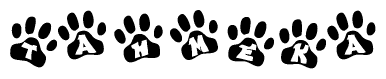 The image shows a row of animal paw prints, each containing a letter. The letters spell out the word Tahmeka within the paw prints.
