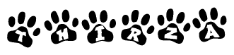 The image shows a row of animal paw prints, each containing a letter. The letters spell out the word Thirza within the paw prints.